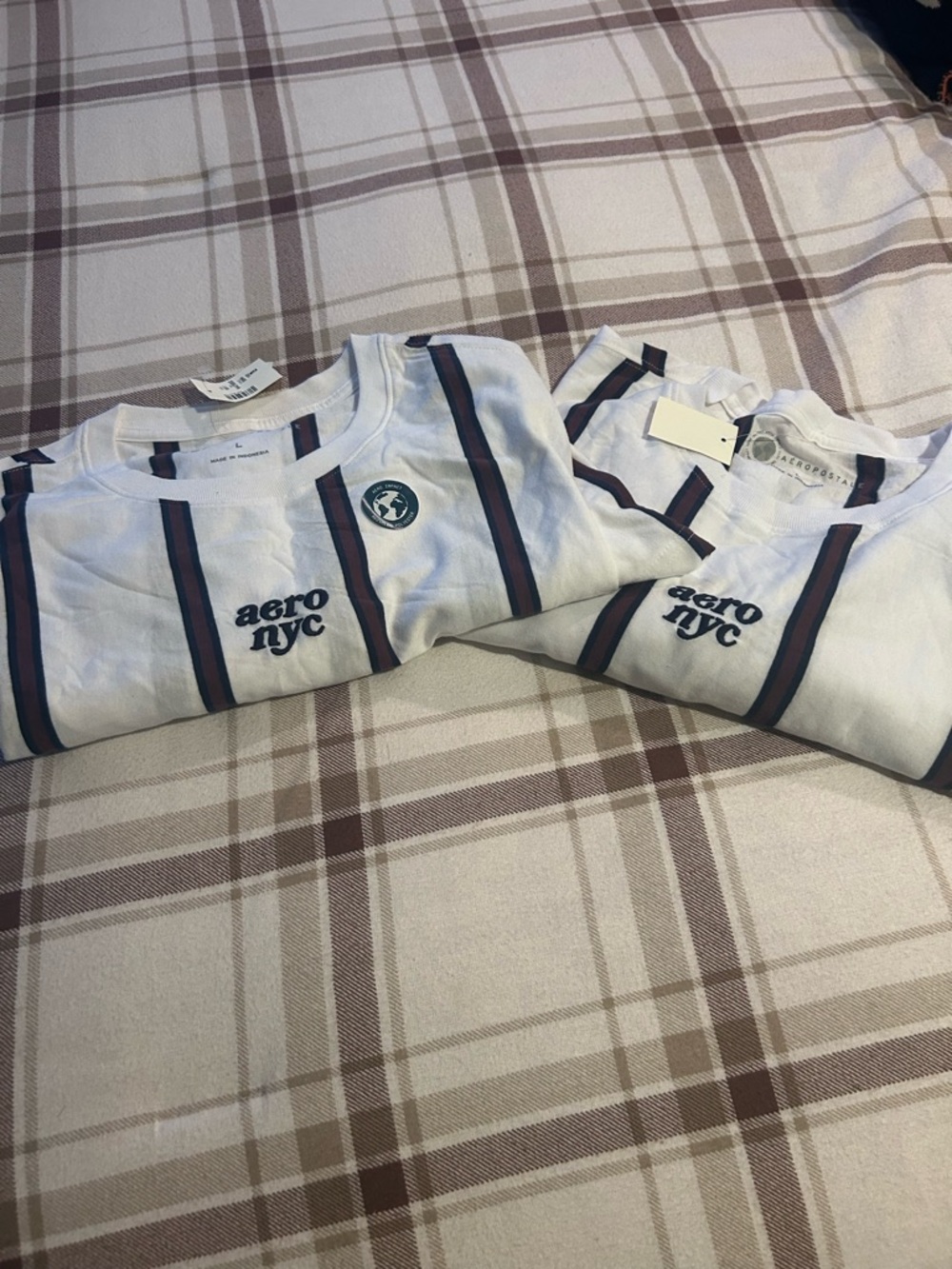 2 Men’s L Aeropostale White Tee with Navy and Burgundy Stripes 
New! With tags